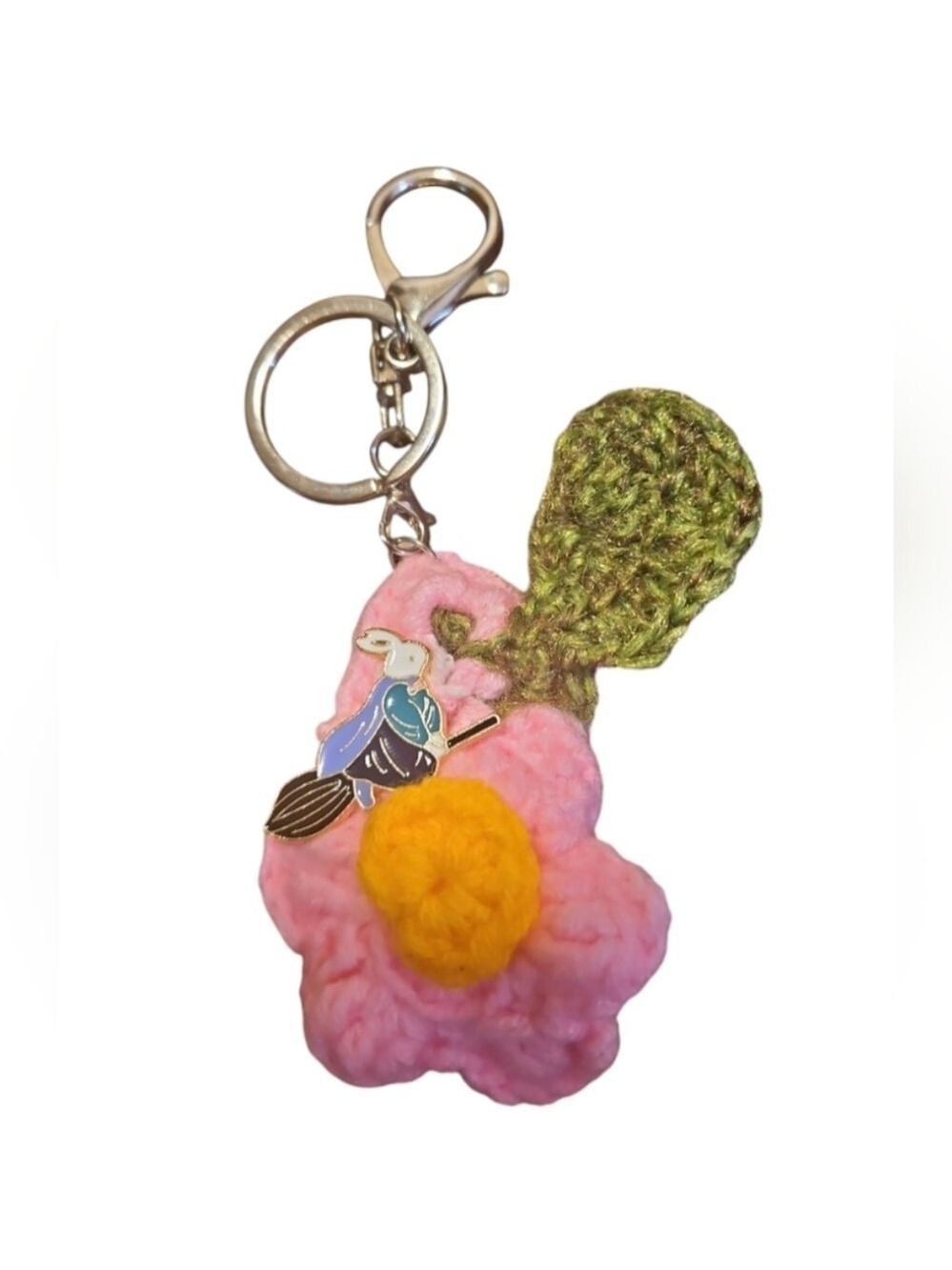 Handmade Crochet Flower Keychain Enamel Pin Rabbit Broomstick